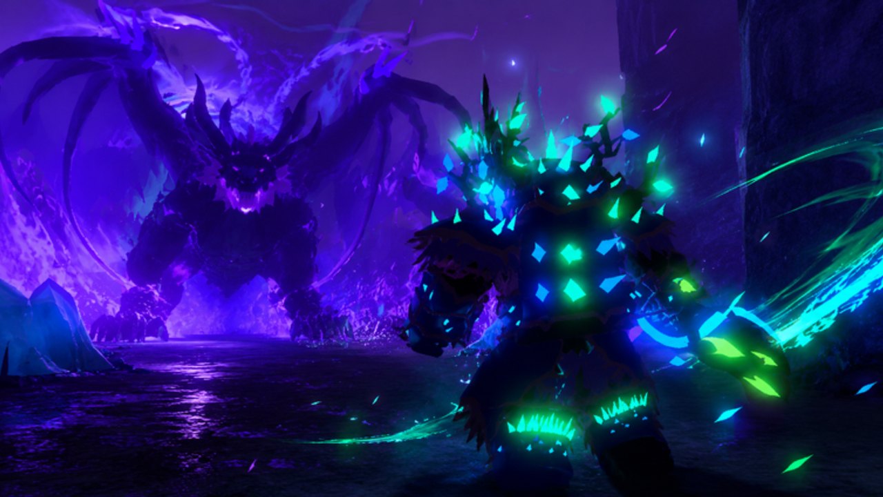 A glowing warrior facing a purple dragon boss in Dungeon Quest Reborn on Roblox