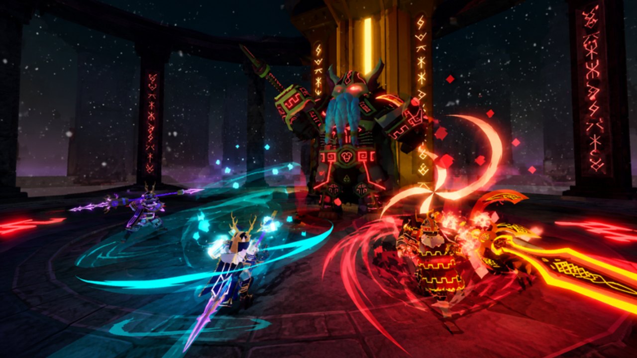 A four-player party fighting a rune-lit boss in a night-time Dungeon Quest Reborn arena
